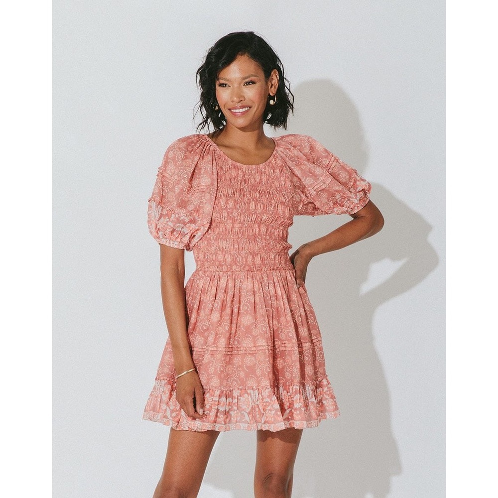 NEW Cleobella Mina Mini Dress Camala Floral Large Pink Smocked Organic Cotton‎
